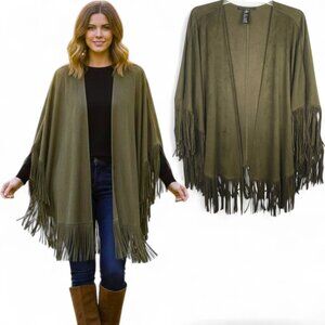 White House Black Market Olive Green Faux Suede Fringe Poncho Cape Ruana Boho OS